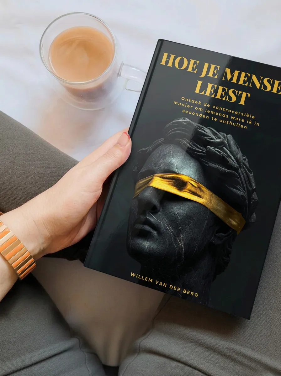 Open boek 'Hoe je mensen leest' op tafel met bloemen